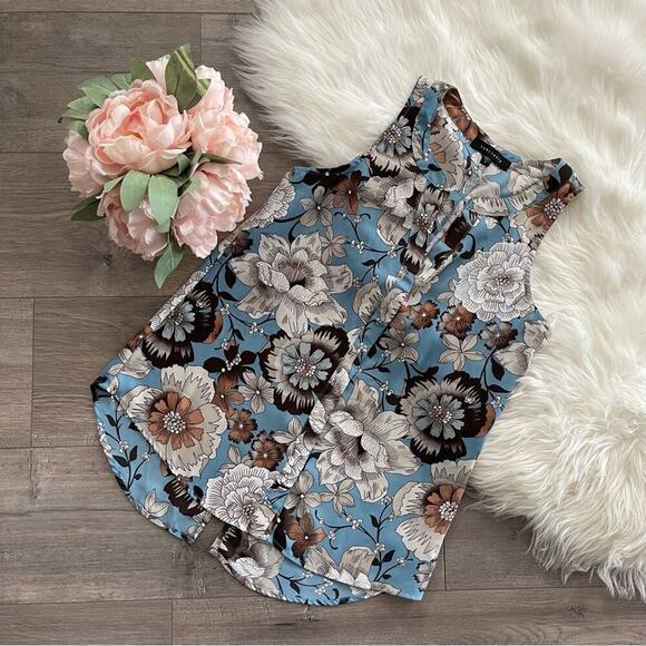 Anthropologie Sanctuary Floral Blue & Brown Button Down Blouse S - Picture 2 of 7